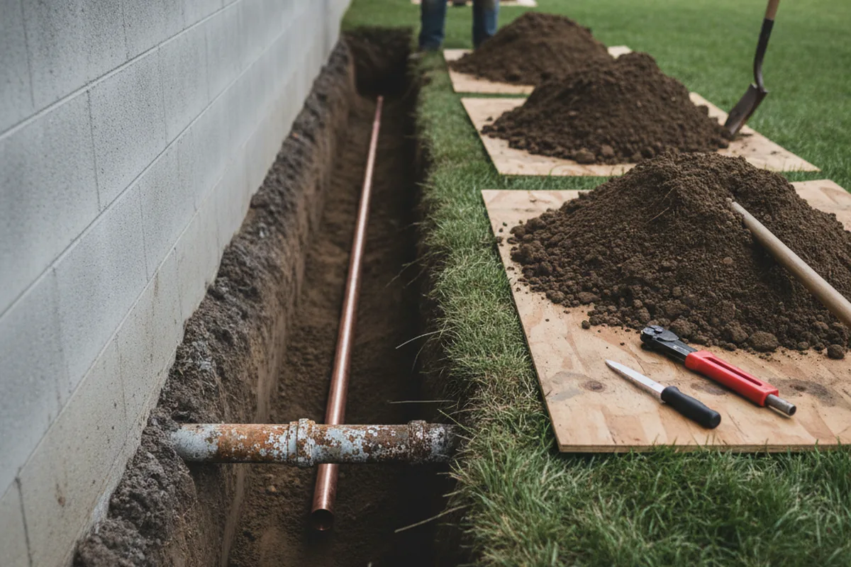 Excavated water line trench during Sewer Line Repair in Pottsville